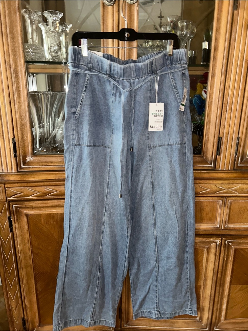 Kensie Wide-Leg Denim Jeans in Light Blue with Drawstring Waist